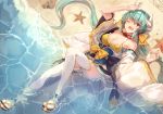  1girl :d beach bikini bikini_under_clothes breasts cleavage collarbone commentary_request dragon_girl dragon_horns fate/grand_order fate_(series) green_hair hopepe horns japanese_clothes kimono kiyohime_(fate/grand_order) kiyohime_(swimsuit_lancer)_(fate) large_breasts long_hair looking_at_viewer lying ocean on_back one_eye_closed open_mouth sandals smile solo starfish swimsuit thighhighs twintails very_long_hair water white_kimono white_legwear yellow_bikini yellow_eyes 