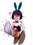  animal_ears bangs black_eyes black_hair black_leotard blood blood_on_face bloody_clothes bloody_weapon bow bowtie breasts bunny_ears bunny_tail bunnysuit chainsaw cleavage commentary crazy_eyes detached_collar english_commentary fake_tail fangs gloves grey_gloves guro heart jcm2 leotard medium_breasts open_mouth original pale_skin pantyhose short_hair smile solo tail weapon white_background 