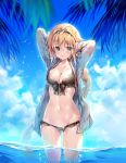  arms_up bikini black_bikini blonde_hair blue_eyes blue_sky blurry blurry_foreground braid breasts cleavage collarbone commentary cowboy_shot day depth_of_field eyebrows_visible_through_hair fate/grand_order fate_(series) hairband halterneck highres hood hooded_jacket hoodie jacket jeanne_d'arc_(fate)_(all) jeanne_d'arc_(swimsuit_archer) long_hair lowleg lowleg_bikini medium_breasts miwabe_sakura navel open_clothes open_hoodie open_jacket outdoors shiny shiny_skin single_braid sky solo swimsuit very_long_hair wading wet 