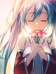  aqua_hair backlighting closed_eyes detached_sleeves flower hatsune_miku holding holding_flower kawaii2penguin long_hair necktie smile solo twintails upper_body vocaloid 