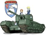  blonde_hair blue_eyes caterpillar_tracks churchill_(tank) commentary_request cup darjeeling emblem girls_und_panzer ground_vehicle maruya1006 military military_vehicle motor_vehicle multiple_girls orange_hair orange_pekoe st._gloriana's_(emblem) st._gloriana's_school_uniform tank teacup teapot white_background 