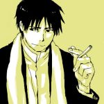  black_coat black_eyes black_hair close-up coat fingernails fullmetal_alchemist holding looking_away lowres male_focus mattsu monochrome paper roy_mustang scarf shaded_face shirt short_hair simple_background smile upper_body white_shirt yellow_background 