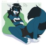  2018 4_toes anthro black_hair black_nose canine clothed clothing digital_media_(artwork) female hair mammal midriff navel solo toes wolflady 