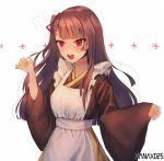  =3 alternate_costume apron artist_name bangs blush breasts eyebrows_visible_through_hair frills girls_frontline hair_ribbon half_updo hands_up highres japanese_clothes kimono large_breasts long_hair long_sleeves looking_at_viewer maid_apron one_side_up open_mouth purple_hair red_eyes ribbon simple_background solo tsurime v-shaped_eyebrows very_long_hair wa2000_(girls_frontline) wa_maid wide_sleeves xanax025 