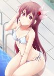  adjusting_hair bangs bare_shoulders between_legs bikini blush closed_mouth commentary_request crescent crescent_moon_pin day hair_between_eyes hair_ornament hand_between_legs highres kantai_collection kisaragi_(kantai_collection) long_hair looking_at_viewer minakami_mimimi navel outdoors pool poolside purple_eyes purple_hair remodel_(kantai_collection) sidelocks sitting smile solo stomach swimsuit white_bikini 