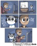  2018 anthro clothed clothing comic cute dialogue digital_media_(artwork) english_text facebook fur hi_res human humor looking_at_viewer male mammal procyonid raccoon simple_background smile speech_bubble text timmy_triton timmy_triton_comics 
