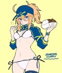  ahoge artoria_pendragon_(all) bikini bintoroumai blonde_hair blue_eyes breasts cleavage curry curry_rice eating eyebrows_visible_through_hair fate/grand_order fate_(series) food fork_in_mouth hair_between_eyes looking_at_viewer mysterious_heroine_xx_(foreigner) navel ponytail rice shrug_(clothing) side-tie_bikini solo swimsuit white_bikini yellow_background 