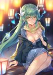  1girl blue_fire breasts commentary_request dragon_girl dragon_horns fate/grand_order fate_(series) fire green_hair heart heroic_spirit_traveling_outfit highres hinot horns jacket japanese_clothes kimono kiyohime_(fate/grand_order) lantern long_hair medium_breasts rubber_duck scarf sitting smile solo undressing very_long_hair yellow_eyes 