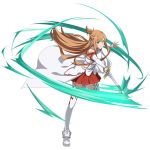  asuna_(sao) braid breastplate brown_eyes brown_hair cape crown_braid detached_sleeves floating_hair full_body holding holding_sword holding_weapon leg_up long_hair miniskirt official_art pleated_skirt red_skirt shiny shiny_hair simple_background skirt solo sword sword_art_online sword_art_online:_code_register thighhighs very_long_hair waist_cape weapon white_background white_cape white_legwear zettai_ryouiki 