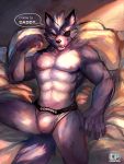  2018 abs anthro bed bed_sheet bedding bulge canine cheetahpaws claws clothing daddy_kink eye_patch eyewear fur grey_fur looking_at_viewer lying male mammal muscular muscular_male nintendo pecs pillow red_eyes seductive solo spread_legs spreading star_fox teeth text tongue underwear video_games wolf_o&#039;donnell 