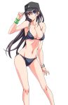  baseball_cap bikini black_bikini black_hair black_hat blue_eyes breasts collarbone feet_out_of_frame hat highres imamura_saeka large_breasts long_hair looking_at_viewer navel original simple_background solo standing suzutsuki_kurara swimsuit watch white_background wristband wristwatch 