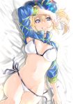  ahoge arm_on_head artoria_pendragon_(all) ass_visible_through_thighs bikini blonde_hair breasts cleavage commentary_request fate/grand_order fate_(series) from_above groin hair_between_eyes hair_through_headwear hat highres lying medium_breasts mysterious_heroine_xx_(foreigner) navel on_back ponytail shignonpencil shrug_(clothing) smile solo swimsuit untied untied_bikini 