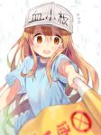  bangs blue_shirt blurry blurry_foreground blush brown_eyes character_name clothes_writing commentary_request depth_of_field eyebrows_visible_through_hair fingernails flag flat_cap flying_sweatdrops grey_hat hair_between_eyes hat hataraku_saibou headwear_writing holding holding_flag kibii_mocha light_brown_hair long_hair looking_at_viewer open_mouth outstretched_arm platelet_(hataraku_saibou) shirt short_sleeves solo upper_teeth very_long_hair 