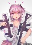  ar-15 armor artist_name bangs blush breasts collarbone dress dual_wielding eyebrows_visible_through_hair girls_frontline gradient gradient_background gun hair_between_eyes hair_ornament highres holding long_hair looking_at_viewer mod3_(girls_frontline) multicolored_hair one_side_up open_mouth pillow pillow_hug pink_eyes pink_hair rifle sidelocks simple_background small_breasts st_ar-15_(girls_frontline) streaked_hair v-shaped_eyebrows weapon xanax025 