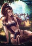  animal_ears arm_tattoo bandeau banned_artist belt black_hair breasts brigitte_(overwatch) brown_eyes brown_hair brown_leotard cat_ears cleavage d.va_(overwatch) denim denim_shorts grass high_ponytail highres leotard long_hair medium_breasts nail_polish overwatch purple_nails short_shorts shorts shoulder_tattoo sidelocks signature single_thighhigh sitting sunlight tattoo thighhighs tree watermark web_address 