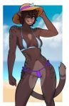  anthro bikini clothed clothing feline female hat looking_at_viewer mammal one_eye_closed porin skimpy smile solo swimsuit thick_thighs thigh_gap wide_hips 