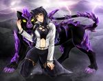 1girl animal_ears artist_name black_hair blake_belladonna breasts cat_ears coat crystal grimm kneeling large_breasts lightning long_hair looking_at_viewer manu-chann panther pants parted_lips rwby shiny shiny_clothes shiny_hair smile yellow_eyes 