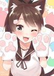  animal_ears brown_hair brown_sailor_collar brown_skirt cat_ears cat_tail commentary dated fang gloves kantai_collection looking_at_viewer one_eye_closed open_mouth paw_gloves paw_print paws ponytail sailor_collar school_uniform serafuku shikinami_(kantai_collection) short_hair short_ponytail skirt smile solo tail tonari_no_kai_keruberosu twitter_username upper_body 