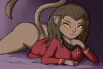  anthro bottomless butt caitian clothed clothing feline female fur hair kierus long_hair looking_at_viewer m&#039;ress mammal partially_clothed paws slit_pupils smile solo star_trek star_trek_the_animated_series 