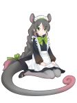  animal_ears apron black_footwear bow bowtie braid common_ringtail_possum_(kemono_friends) extra_ears frilled_apron frills full_body gradient_hair green_eyes green_neckwear green_ribbon grey_hair grey_legwear hair_ribbon ise_(0425) kemono_friends long_hair long_sleeves long_tail looking_at_viewer maid maid_headdress multicolored_hair pantyhose pink_hair puffy_sleeves ribbon shoes simple_background sitting smile solo tail very_long_hair white_background 