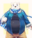  2018 ama_imakuma anthro bear belly blush clothing fur humanoid_hands male mammal overweight overweight_male pants polar_bear scarf shirane_kan solo utau white_fur 