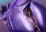  2015 after_sex anus butt caedere cum cum_in_ass cum_in_pussy cum_inside digital_media_(artwork) dragon female feral looking_at_viewer looking_back purple_scales pussy raised_tail scales shaded simple_background solo teeth tongue tongue_out 