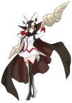  animal_ears black_hair blackbuck_(kemono_friends) cape crossed_legs eyepatch full_body horn_lance horns ise_(0425) kemono_friends long_sleeves looking_at_viewer multicolored multicolored_clothes multicolored_hair multicolored_legwear pleated_skirt red_eyes short_hair_with_long_locks simple_background skirt solo standing tail two-tone_hair weapon white_background white_hair white_skirt 