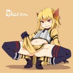  armor black_gloves blonde_hair character_name commentary fang full_body gensou_suikoden gensou_suikoden_iii gloves headgear long_bangs midriff navel open_mouth red_eyes sharon_(suikoden) short_hair smirk solo thighhighs yucopi 