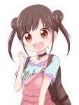  :d backpack bag bangs black_choker black_hair blue_shirt brown_eyes choker clenched_hand clothes_writing collarbone double_bun eyebrows_visible_through_hair hand_up heart heart_choker highres idolmaster idolmaster_shiny_colors looking_at_viewer miyamaki open_mouth overalls pink_overalls shirt short_sleeves sidelocks simple_background smile solo sonoda_chiyoko twintails upper_body white_background 