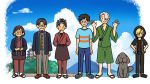  4boys absurdres arms_behind_back black_hair blonde_hair blue-framed_eyewear blue_sky bow bowtie brown_hair castle cloud day dog glasses hair_over_one_eye hands_on_hips highres hood hoodie japanese_clothes jinbei_(clothes) katsuki_hiroko katsuki_mari katsuki_toshiya katsuki_yuuri makkachin multiple_boys multiple_girls sandals silver_hair sky smile twc_(p-towaco) viktor_nikiforov yuri!!!_on_ice yuri_plisetsky 