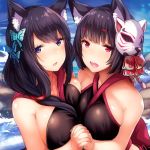  :d animal_ears azur_lane bare_shoulders bikini black_bikini black_hair blue_eyes blush breasts butterfly_hair_ornament cat_ears commentary_request day eyebrows_visible_through_hair fox_mask fusou_(azur_lane) hair_ornament interlocked_fingers large_breasts long_hair looking_at_viewer mask mask_on_head multiple_girls open_mouth outdoors red_eyes short_hair sky smile swimsuit tobimura water yamashiro_(azur_lane) 