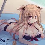  adapted_costume beach bikini black_bikini blush breasts brown_eyes cleavage collarbone dated eyebrows_visible_through_hair hair_between_eyes hair_flaps hair_ornament hairclip heterochromia hirune_(konekonelkk) kantai_collection large_breasts light_brown_hair long_hair looking_at_viewer lying murasame_(kantai_collection) on_stomach red_eyes remodel_(kantai_collection) skirt smile solo swimsuit twitter_username two_side_up very_long_hair white_skirt 