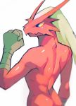  2018 ambiguous_gender anthro ashendawger avian blaziken blue_eyes butt flexing hi_res muscular nintendo nude pok&eacute;mon pok&eacute;mon_(species) rear_view simple_background solo standing video_games white_background yellow_sclera 