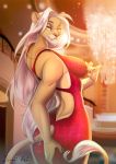  2018 anthro breasts butt_pose clothed clothing dress feline female hair inside kammi-lu lion long_hair looking_at_viewer looking_back mammal smile solo standing white_hair yellow_eyes 