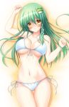  ass_visible_through_thighs bikini blush breasts breasts_apart commentary_request eyes_visible_through_hair frog_hair_ornament green_hair hair_between_eyes hair_ornament highres kochiya_sanae large_breasts long_hair looking_at_viewer navel open_mouth osashin_(osada) side-tie_bikini simple_background snake_hair_ornament solo stomach swimsuit thigh_gap thighs touhou white_bikini yellow_eyes 