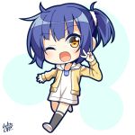  ;d artist_name black_legwear blue_hair chibi commentary eyebrows_visible_through_hair fang gochuumon_wa_usagi_desu_ka? hair_ornament hair_scrunchie hand_up hood hooded_jacket jacket jouga_maya lying on_side one_eye_closed open_mouth scrunchie short_hair simple_background smile solo v white_background white_scrunchie win_opz yellow_eyes 