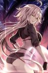  ahoge ass ball beachball blonde_hair bow breasts commentary_request dutch_angle fate/grand_order fate_(series) fingerless_gloves from_below gloves hair_bow jeanne_d'arc_(alter)_(fate) jeanne_d'arc_(alter_swimsuit_berserker) jeanne_d'arc_(fate)_(all) large_breasts long_hair natsume_eri shrug_(clothing) solo thighs yellow_eyes 