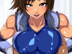  bare_shoulders blue_sports_bra blush breast_grab breasts brown_hair collarbone erect_nipples grabbing highres jacket jumpsuit kazama_asuka large_breasts looking_at_viewer motion_lines open_clothes open_jacket open_mouth orange_eyes pov puffy_areolae puffy_nipples raburebo shiny shiny_clothes short_hair smile solo_focus sports_bra tekken upper_body waguchi_shouka 