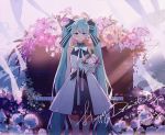  alternate_costume arm_at_side bangs bare_shoulders black_bow blue_bow blue_eyes blue_hair blue_neckwear blush bouquet bow bowtie closed_mouth collared_dress commentary_request dress feet_out_of_frame flower gloves hair_bow halterneck happy_birthday hatsune_miku highres holding holding_bouquet instrument layered_dress long_hair looking_at_viewer piano pink_lips pleated_dress rose shiny shiny_hair signature sleeveless sleeveless_dress smile solo standing striped striped_bow sumery transparent twintails very_long_hair vocaloid white_dress white_flower white_gloves white_rose wind wing_collar 