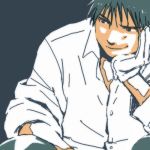  black_eyes black_hair blue_background close-up elbows_on_knees fullmetal_alchemist gloves hand_on_own_chin looking_away lowres male_focus mattsu roy_mustang shaded_face shirt short_hair simple_background sitting smile upper_body white_gloves white_shirt 