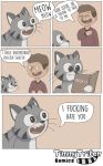 2018 ambiguous_gender anthro cat clothing comic cute dialogue digital_media_(artwork) english_text feline human humor looking_at_viewer mammal open_mouth profanity speech_bubble text timmy_triton_comics 