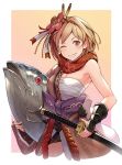  ;d animal armpits bandages bare_shoulders blonde_hair bow breasts brown_eyes commentary_request cropped_legs djeeta_(granblue_fantasy) floral_print flower gradient gradient_background granblue_fantasy grin hadanugi_dousa hair_flower hair_ornament hinami_(hinatamizu) holding holding_animal holding_sword holding_weapon japanese_clothes katana kengou_(granblue_fantasy) kimono large_bow looking_at_viewer medium_breasts one_eye_closed open_clothes open_kimono open_mouth pink_background pink_kimono print_scarf purple_bow red_flower red_scarf rope sarashi scarf sheath sheathed shiny shiny_hair short_hair single_hair_intake smile solo sword teeth tuna vambraces weapon 