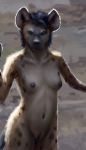  2015 anthro backlighting breasts caedere detailed digital_media_(artwork) female fur hair hyena looking_at_viewer mammal navel nipples nude outside pussy shaded short_hair solo spotted_hyena standing 