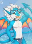  alanisawolf777 bulge clothing collar dragon eyewear goggles hair hand_on_hip looking_at_viewer male navel simple_background solo swimsuit tongue tongue_out water white_hair wings 