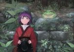  bowl bowl_hat frog hat headwear_removed ichiba_youichi japanese_clothes kimono looking_to_the_side minigirl nature obi object_on_head outdoors purple_eyes purple_hair sash short_hair sukuna_shinmyoumaru touhou tree 