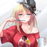  adolf_hitler alternate_costume bangs bismarck_(kantai_collection) blonde_hair blue_eyes breasts brushing_teeth casual character_print check_translation collarbone commentary_request covered_eyes cup dated drinking_glass eyebrows_visible_through_hair hair_between_eyes half-closed_eyes hat highres holding holding_cup holding_toothbrush jojo_no_kimyou_na_bouken kantai_collection large_breasts long_hair looking_at_viewer messy_hair nuka_(nvkka) off_shoulder parted_lips peaked_cap red_shirt shirt sidelocks solo toothbrush_mustache translation_request twitter_username upper_body 