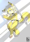  4_toes 5_fingers alanisawolf777 anthro blue_eyes blush canine clothing collar cub fur jockstrap looking_at_viewer lying male mammal on_side pawpads solo toes underwear white_fur wolf yellow_fur young 
