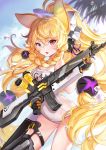  animal_ears arched_back assault_rifle bangs black_bow black_gloves black_legwear blonde_hair blue_eyes blurry bow braid breasts character_name checkered checkered_bow cloud commentary cowboy_shot day depth_of_field eyebrows_visible_through_hair finger_on_trigger floating_hair from_side g41_(girls_frontline) girls_frontline gloves gun hair_between_eyes hair_bobbles hair_bow hair_ornament hair_ribbon hand_up heterochromia high_ponytail highres hips holding holding_gun holding_weapon leaning_forward long_hair long_ponytail looking_at_viewer low-tied_long_hair name_tag neon_trim old_school_swimsuit one-piece_swimsuit open_mouth outdoors ponytail purple_ribbon red_eyes ribbon rifle school_swimsuit sibyl side_braid sideways_glance single_braid single_thighhigh sky small_breasts solo split_ponytail standing surprised swimsuit thighhighs thighs tree_branch very_long_hair water_drop weapon white_bow white_school_swimsuit white_swimsuit wide-eyed 