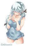  ass_visible_through_thighs black_ribbon blue_swimsuit blush braid breasts brown_eyes casual_one-piece_swimsuit closed_mouth collarbone covered_navel cowboy_shot ebifurya fingers_together hair_over_eyes hair_ribbon hamanami_(kantai_collection) highres kantai_collection lips long_hair looking_at_viewer medium_breasts one-piece_swimsuit ribbon silver_hair simple_background single_braid solo swimsuit twitter_username white_background 