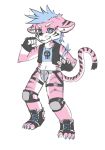  alanisawolf777 black_fur blue_eyes blue_hair clothing feline fingerless_gloves fur gloves hair knee_pads looking_at_viewer mammal pink_fur tiger vest whiskers white_fur young 